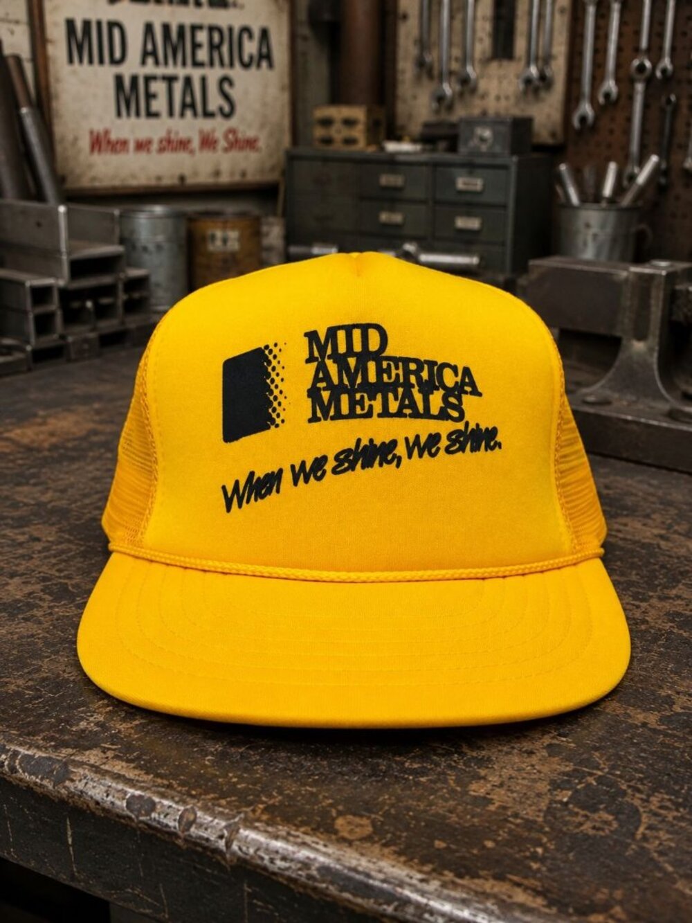 Mid America Metals Mens Trucker Hat Yellow Polyester Adjustable Mesh Back